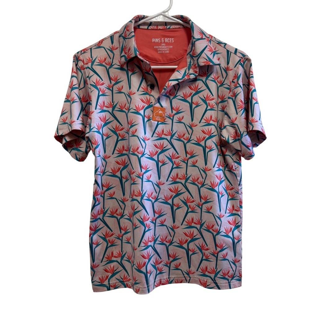 Pins & Aces Bird of Paradise Golf Polo Shirt Floral Tropical Pink Large